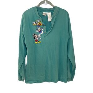 Vintage 90s Disney Store Mickey Mouse Embroidered Henley Long Sleeve Green S Y2K